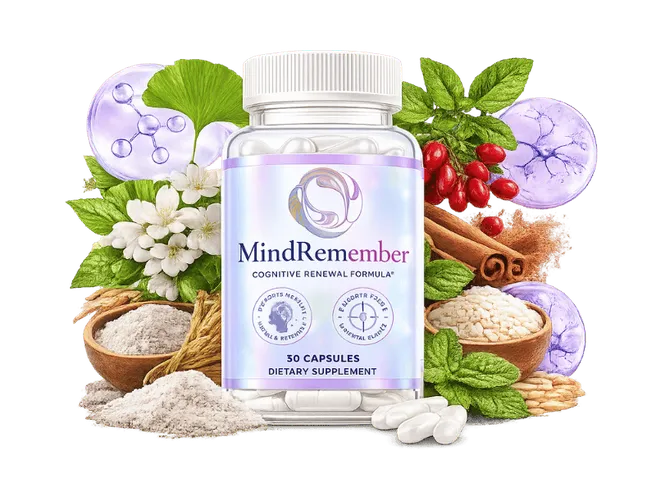 MindRemember memory and focus capsule bottle surrounded by its botanical ingredients, ginkgo leaves, berries and cinnamon
