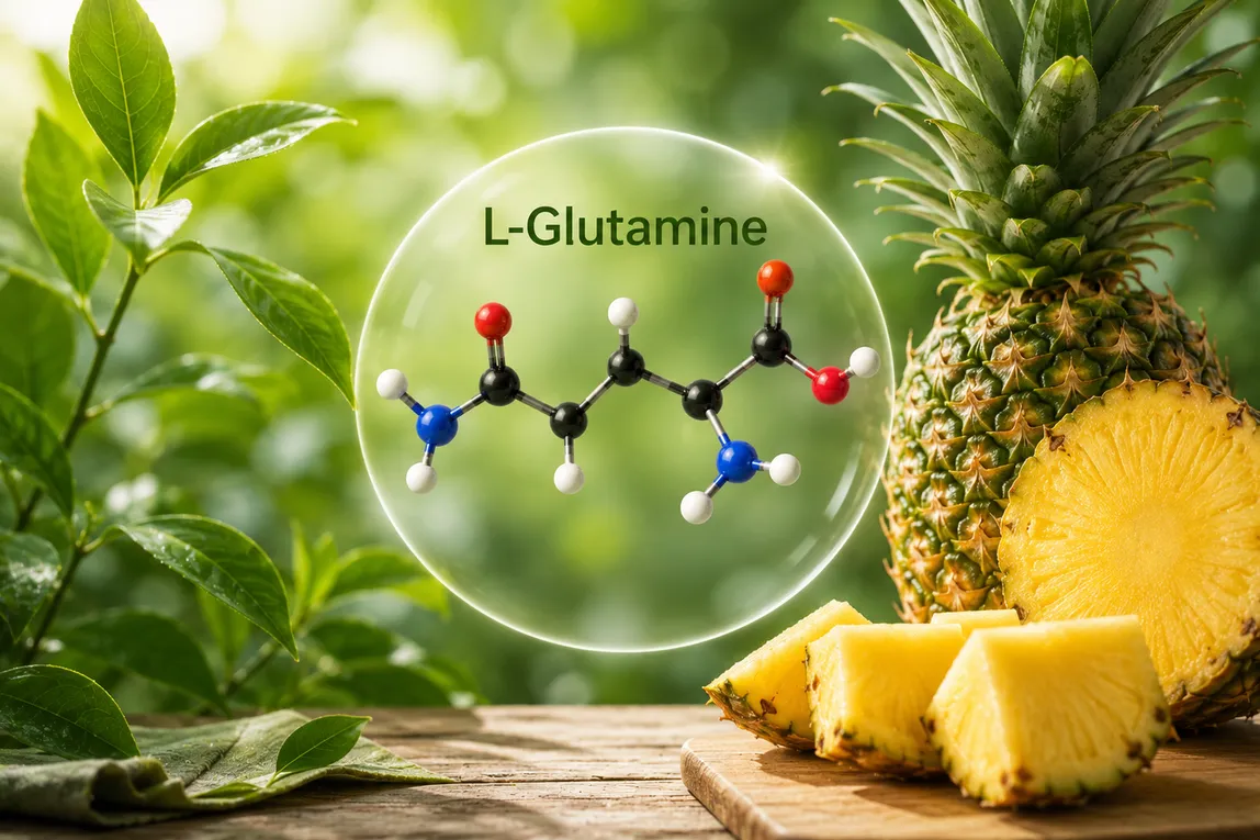 L-glutamine molecular model beside pineapple and green leaves, the amino acid used in MindRemember