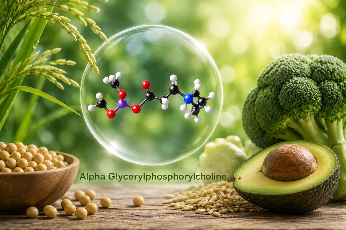 Alpha glycerylphosphorylcholine molecular model with soybeans, rice and avocado, dietary choline sources