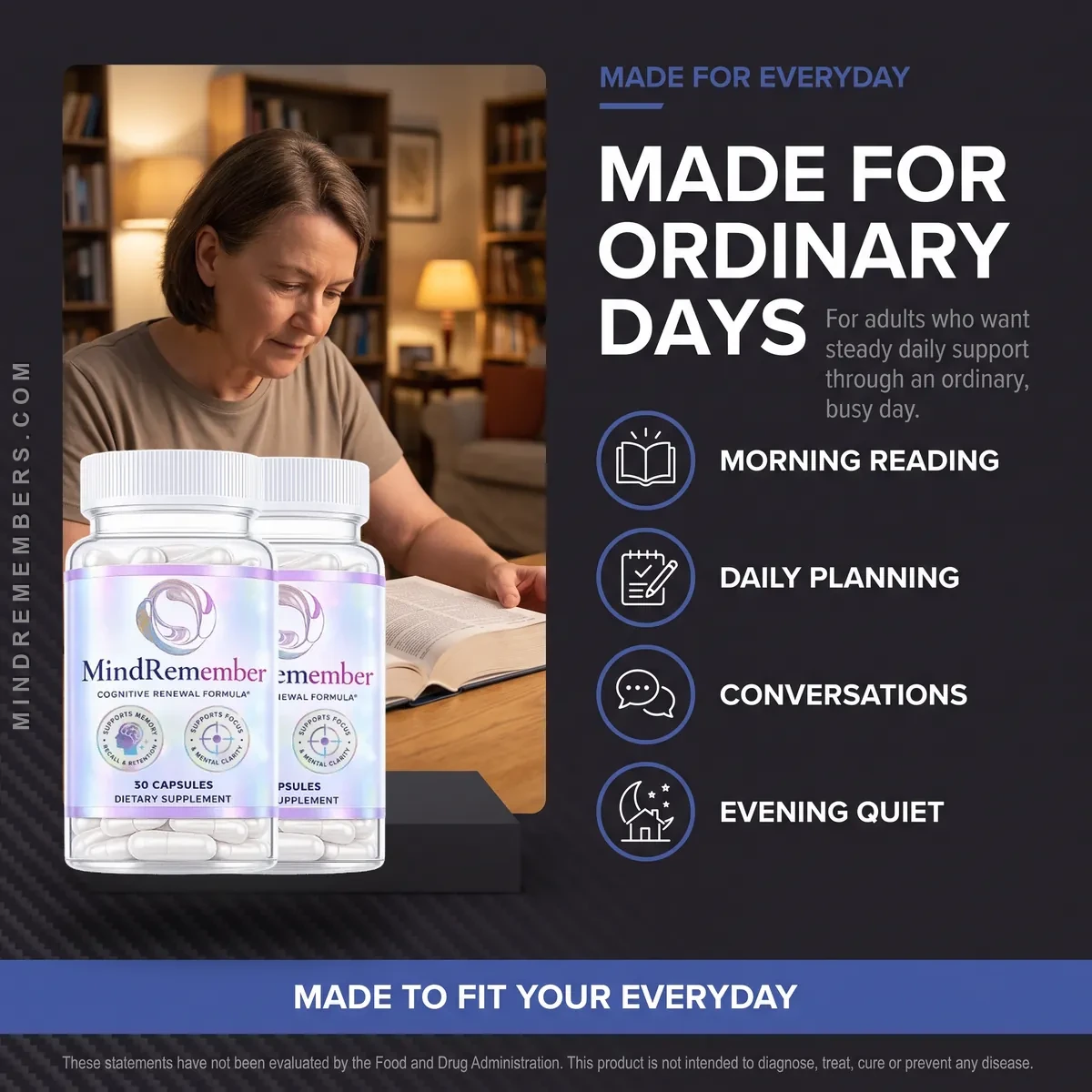 Who MindRemember is for: adults who want daily memory support for reading, planning, conversations and quiet evenings